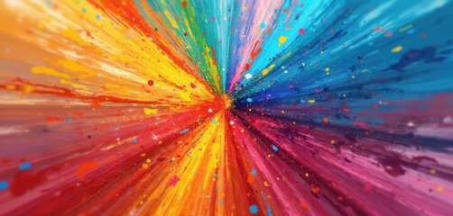 Poster - Bright explosion illustration bursts in rainbow colors. Composition exudes air fun, excitement, dynamic visually captivating festive radial pattern. Bold splashes creates radial kaleidoscope art