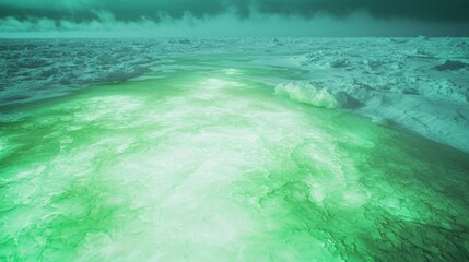 Wall Mural - Glowing Greenish Algae Illuminating Dark Waters Under Cloudy Sky