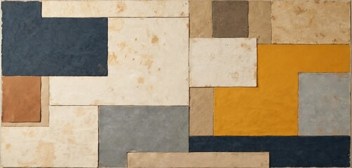Aufkleber - Geometric design features various shapes, colors. Modern art with rectangular pattern. Rustic texture. Palette ranges from light yellow to dark blue. Wall edging inspiration, glazed surface. Abstract