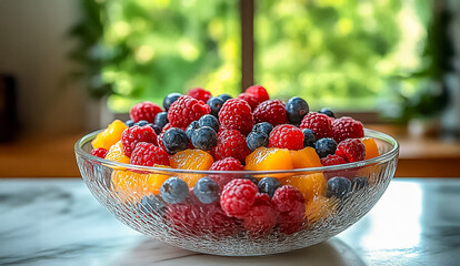 Fruits and berries with fresh mint leaves in a bowl on the table. Summer desserts and healthy eating