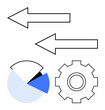 © robu_s - Two arrows signifying movement, pie chart highlighting data division, and gear representing processes. Ideal for data flow, communication, analytics, process optimization, teamwork, planning