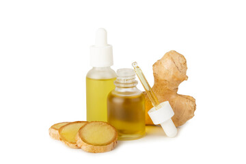 Wall Mural - Ginger essential oil isolated on white background. Fresh ginger slices. Essence, serum, oil. Alternative medicine. Phytotherapy. Health and beauty concept.