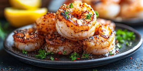 Wall Mural - Close-Up of Delicious Grilled Shrimp on a Plate, a Flavorful and Aromatic Seafood Dish