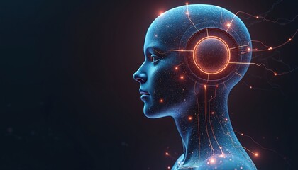 Leinwandbilder - Side profile of futuristic AI head with glowing lines. Artificial intelligence, computer face, brain illustration. Tech innovation, electronic cyberspace, virtual reality, machine learning, data