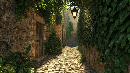 Wall Mural - Narrow Medieval Alleyway with Cobblestones and Lush Greenery