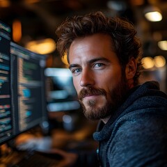 Focused Coder: A young, confident developer gazes intently from behind computer screens filled with code, embodying the modern tech world. Capturing determination and intellect.
