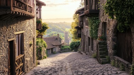 Wall Mural - Serene Medieval Village Street with Cobblestones at Sunset