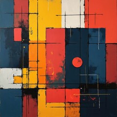 Poster - Modern art abstract illustration. Geometric texture, shapes, intersecting lines, colorful rectangles. Vibrant red, yellow, blue squares. Decorative contemporary wallpaper, graphic design with