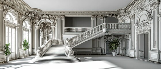 Wall Mural - Grand white staircase in ornate palace interior