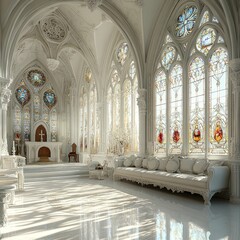 Wall Mural - Serene white chapel sunlit stained glass