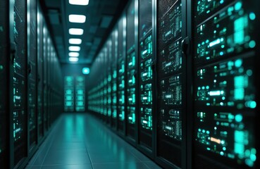 Leinwandbilder - Bright lights of data storage systems contrast dark server room background. Modern cyberspace illustration. Information processing activity, wire network infrastructure. Computer management security