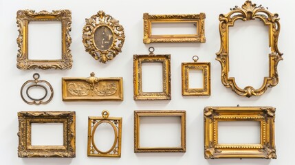 Elegant collection of ornate gold frames, each with unique details, displayed on a clean white background