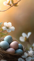 Celebrate Easter with colorful eggs in a nest surrounded by blooming flowers