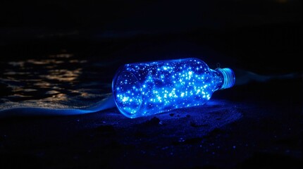 Fototapete - A bottle illuminated by a blue light, lying on a dark surface. The bottle is translucent, allowing the vibrant blue light to shine through, creating a mesmerizing effect.