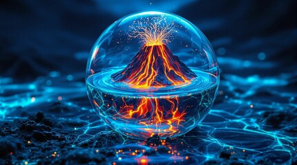 Fototapete - A captivating digital artwork of a volcanic eruption encased within a transparent bubble, set against a dark, blurred background. The eruption is depicted with fiery orange and yellow hues, contrastin
