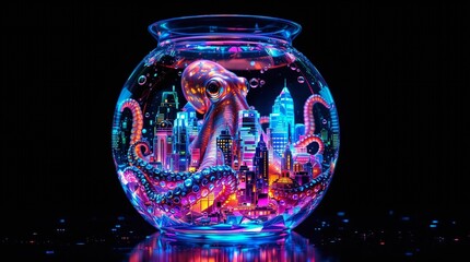 Fototapete - A vivid, neon-lit aquarium filled with a myriad of colors, including blues, purples, pinks, and yellows, set against a dark backdrop. The aquarium is adorned with an octopus, adding a whimsical touch 
