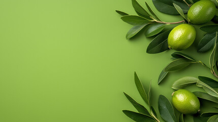 Wall Mural - Fresh green limes with leaves on vibrant green background