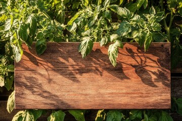 Wall Mural - Rustic wooden sign surrounded by lush green tomato plants in sunlit garden