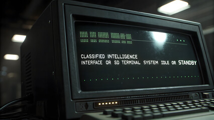 Retro computer with green command screen displaying programming code in a dark room, cyber security concept

