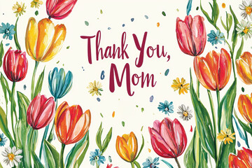 Wall Mural - Colorful Mother's Day Card with Watercolor Tulips and Daisies for a Heartfelt Thank You Design