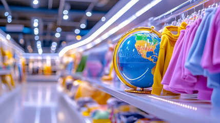 Retail store aisle with globe and clothes display