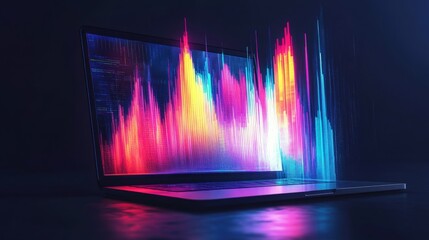 Vibrant data visualized on laptop screen, dark background, for tech website