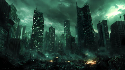 Futuristic cityscape with towering crumbling skyscrapers under a dark ominous sky neon lights flickering amidst the ruins a haunting postapocalyptic atmosphere. Neon Futuristic Ruins. Illustration