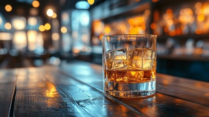 Wall Mural - Elegant glass of whiskey with ice cubes, reflecting warm light, on a rustic wooden bar in a cozy pub