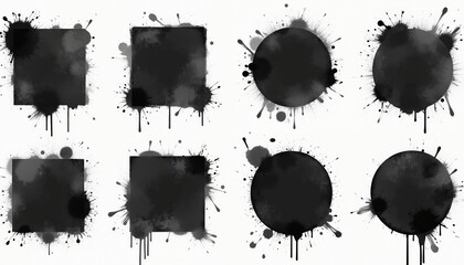 Aufkleber - Modern illustration set of geometric black ink splash. Square, circle stencil frame with drip ink, spray, brush liquid droplets. Design for sticker, decoration background or abstract banner.