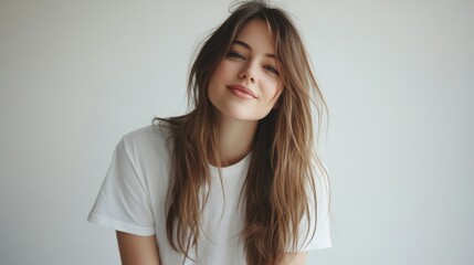 A picture of a good-looking woman in her 30s with long brown hair, set against a white backdrop