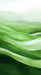 Poster - Green abstract waves are flowing over a landscape with hills and a light green sky in a digital illustration