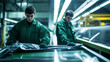 © Inspire Shots Hub - Two industrial workers in green uniforms handling production materials in a modern factory, representing manufacturing, automation, labor, precision, and industrial efficiency.