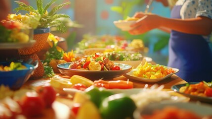 Wall Mural - A vibrant display of fresh fruits and vegetables at a food buffet, offering healthy and colorful options for guests to enjoy.