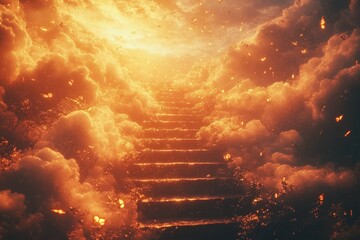 Wall Mural - stairway rising through clouds toward golden light, warm orange tones, spiritual and symbolic atmosp