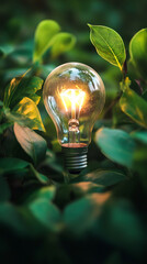 Poster - Lit light bulb surrounded by green leaves representing green energy and environmental sustainability