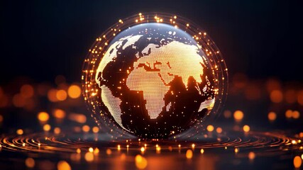 Wall Mural - glowing dots on digital tech globe rotation, network lights, world data connectivity, gold on black 