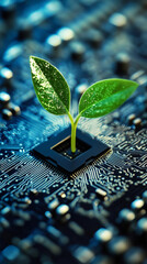 Aufkleber - Small green plant with water drops growing from a microchip on a computer motherboard, symbolizing green technology