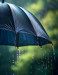 a black umbrella being used in heavy rain, with visible raindrops and a blurred green background. ge