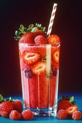 Wall Mural - Berry smoothie in glass with straw, topped with berries.