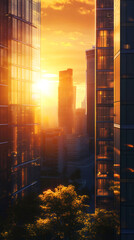 Fototapete - Warm sunlight reflecting on glass facades of modern buildings at sunset in a vibrant urban landscape