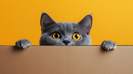 With a yellow background, a cute British Shorthair cat pokes its head over a table