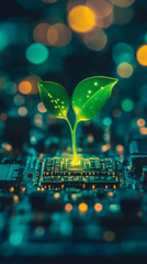 Poster - Glowing green plant growing from a microchip on a circuit board, representing green technology and sustainable innovation