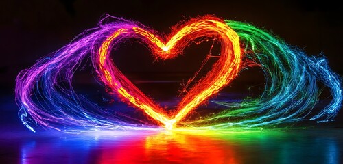 Wall Mural - a neon heart-shaped light painting on a dark background, symbolizing love and romance for valentine'