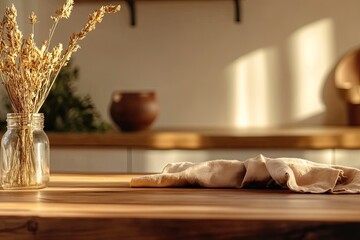 Wall Mural - Warm sunlight bathes rustic kitchen, highlighting simple floral