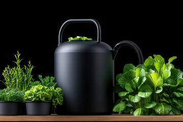 bright morning sunlight illuminates a backyard featuring a large black rainwater tank beside a thriv