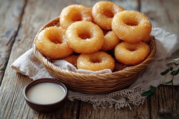 Wall Mural - A rustic still life showcasing golden donuts piled in a woven basket on a weathered wooden table with a linen cloth, paired with a small bowl of creamy dipping sauce for added indulgence.