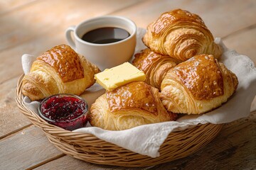 Wall Mural - A basket filled with delicious golden croissants, served with fresh butter, sweet berry jam, and a cup of steaming coffee for an exquisite morning breakfast.