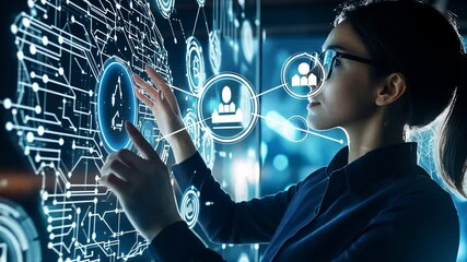 Woman interacts with a futuristic digital interface, showcasing data analysis and network visualization.