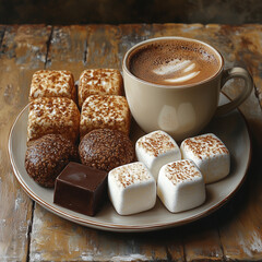 Wall Mural - Steaming Hot Chocolate with Marshmallows on Rustic Wooden Board 