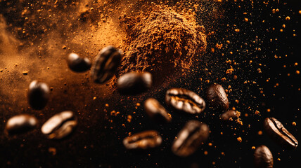 Wall Mural - Coffee Dust Explosion: Roasted Beans and Powder in Motion 